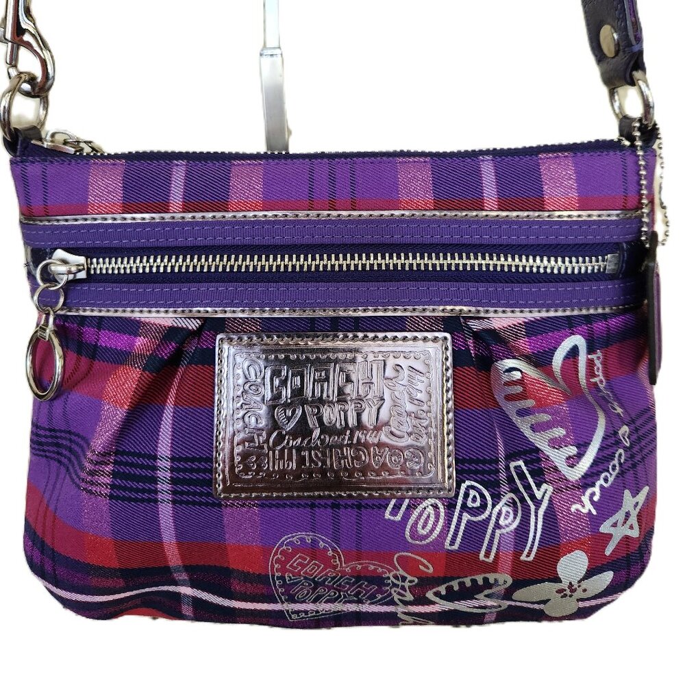 Like New Coach Poppy Purple Plaid Crossbody Bag Purse